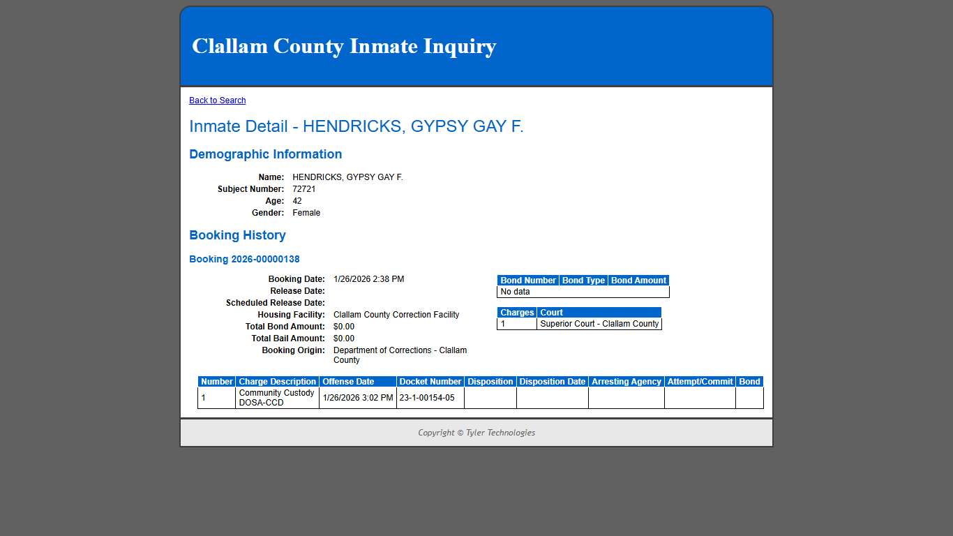 Inmate Detail - HENDRICKS, GYPSY GAY F.